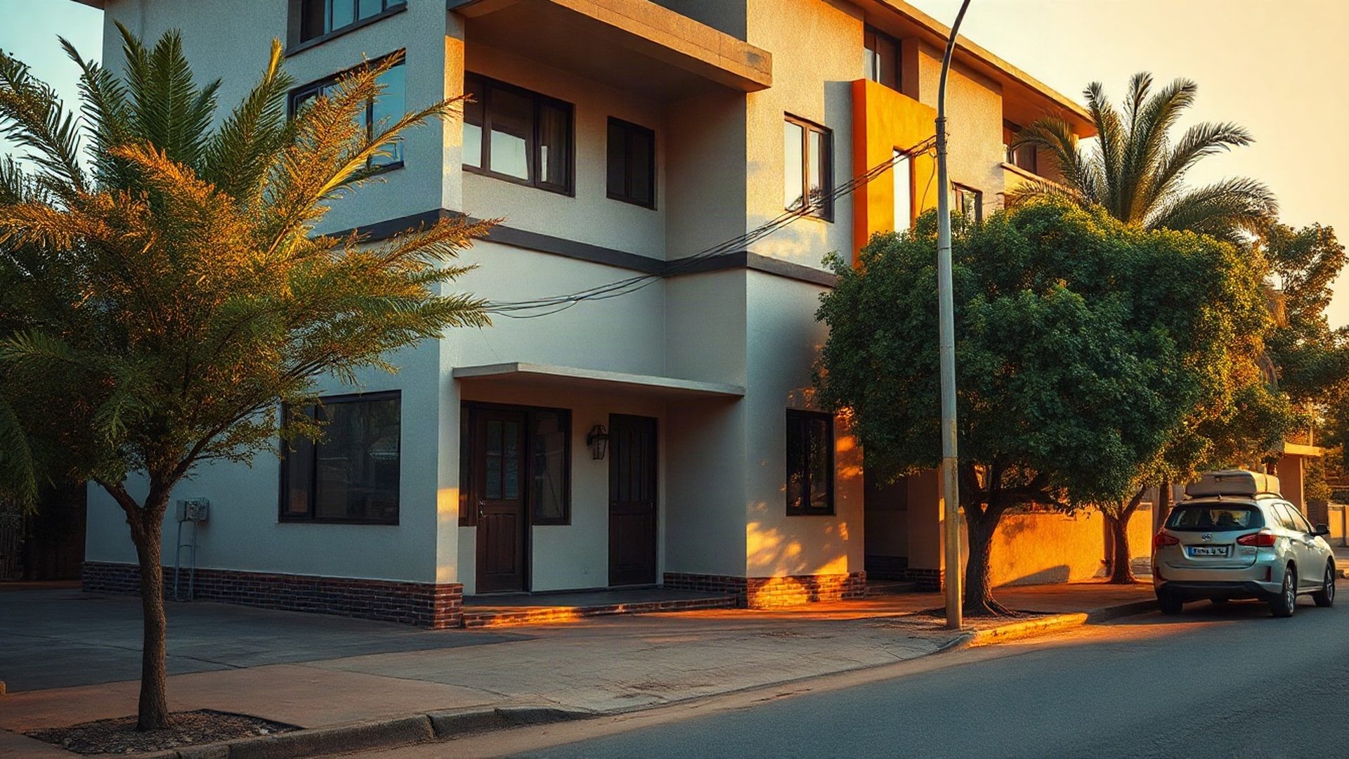 Modern Kisumu residential building in golden afternoon light