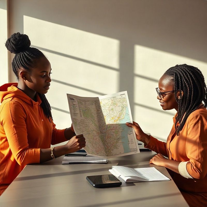 Two people reviewing a printed Kisumu neighbourhood map at a desk