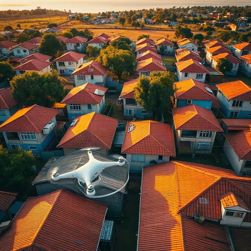 Aerial view of a Kisumu residential neighbourhood with Lake Victoria in the background